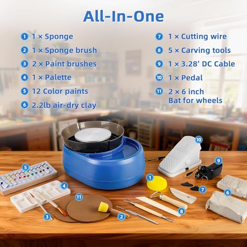6 inch Home Pottery Wheel for Pottery Craft - Complete Pottery Kit for Beginners, Two-Way Rotation, 2.2lb Air Dry Clay, Arts and Crafts Sculpting Tools, Craft Gifts - color: Blue