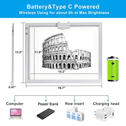 A3 Rechargeable Light Pad, TOHETO 2500mAh Battery Powered Light Board with Stand Top Magnetic Clip 3 Colors Stepless Dimmable 6 Levels Brightness Light Box for Diamond Painting Weeding Vinyl (White) - style: A3 (White)