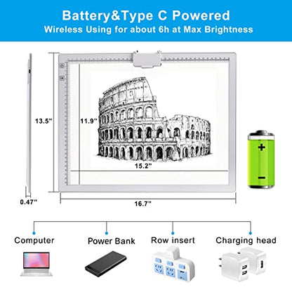 A3 Rechargeable Light Pad, TOHETO 2500mAh Battery Powered Light Board with Stand Top Magnetic Clip 3 Colors Stepless Dimmable 6 Levels Brightness Light Box for Diamond Painting Weeding Vinyl (White) - style: A3 (White)