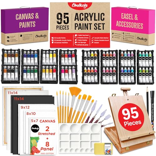 Chalkola 95 Pcs Acrylic Painting Kit for Adults | 64 Acrylic Paint Set, Wood Tabletop Easel, Canvas, Art Brushes, Palette, Knife - Professional Canvas Painting Supplies for Artists & Beginners - size: 95 Full Acrylic Set