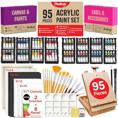Chalkola 95 Pcs Acrylic Painting Kit for Adults | 64 Acrylic Paint Set, Wood Tabletop Easel, Canvas, Art Brushes, Palette, Knife - Professional Canvas Painting Supplies for Artists & Beginners - size: 95 Full Acrylic Set
