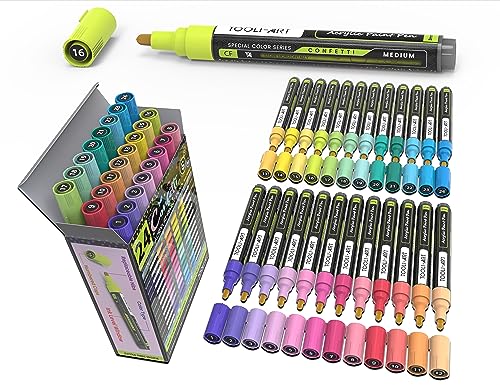 24 Confetti Colors Acrylic Paint Pens Markers Set 3mm Medium Tip, Rock Painting, Glass, Mugs, Wood, Metal, Canvas, Pottery, Plastic, DIY Projects, Illustration. Non Toxic, Waterbased, Quick Drying - color: CONFETTI M