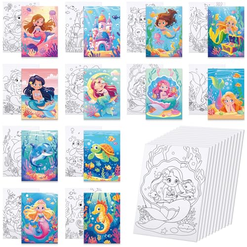 Anseal 12 Packs Pre Drawn Canvas for Painting, 5" X 7" Mermaid Ocean Theme Pre Printed Canvas for Paint Party (Mermaid) - style: Mermaid