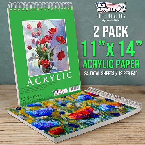U.S. Art Supply 11x14 Premium Heavy-Weight Acrylic Painting Paper Pad, 246lb (400gsm), 2 Pack, 12 Sheets, Spiral Bound, for Acrylic Paint