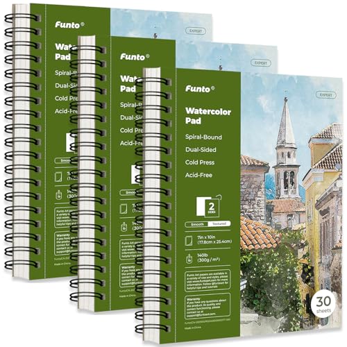 Funto Watercolor Pad 10x7, 3-Pack, 90 Sheets, 140 lb/300 GSM, Double-Sided, Cold Press, Spiral Bound, Heavyweight Paper for Watercolor Painting