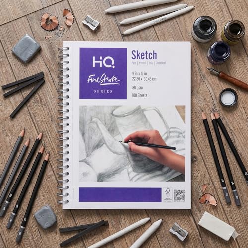 HQ Finestroke Sketchbook, Side Wiro Drawing Pad, 9 x 12 Inches, 100 Sheets, 80 GSM Paper, JK Tuffcote Cover