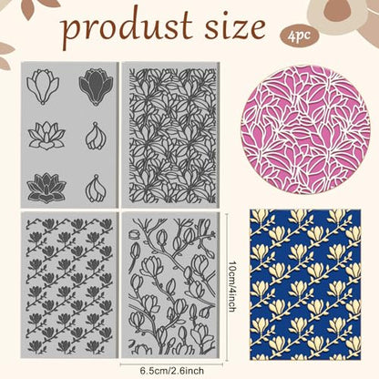4 Sheets Magnolias Flowers Pattern Polymer Clay Texture Sheet Plants Pattern Rubber Clay Texture Mat for Polymer Clay Making Earrings Jewelry DIY Crafts 4 × 2.5 Inch - style: Magnolias Flowers