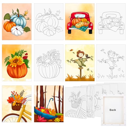 COCHIE 6 Pack 8x10 Inches Fall Pumpkin Pre Drawn Canvas to Paint for Sip and Paint Party, Pre Printed Framed Canvases Set, Maple Scarecrow Truck Pre Sketched Canvas for Painting for Adults Kids - size: 8x10 Inches, style: Fall