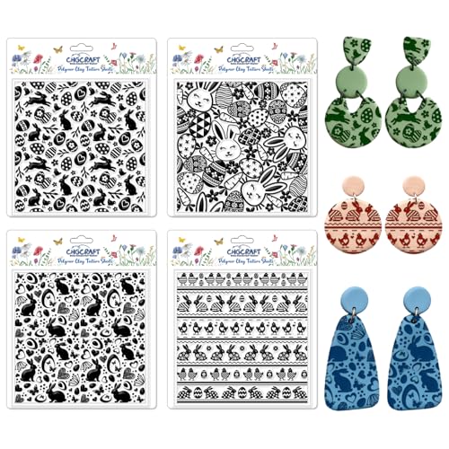 CHGCRAFT 4 Pcs Easter Polymer Clay Texture Sheets Easter Eggs Silicone Texture Stamp Bunnies Clay Texture Mat Chickens Crosses Modeling Pattern Pad for Jewelry and Clay Earrings Tools, 5.5x5.5 inch - style: Easter Eggs