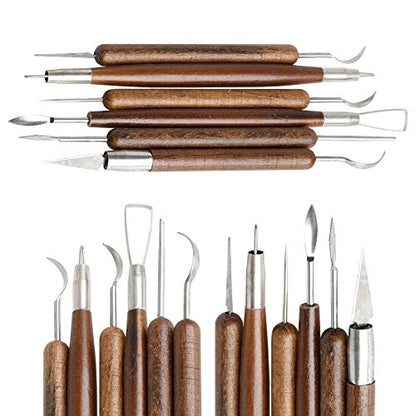 COMIART 6-Piece Dual-Ended Clay Sculpting Tools Set with Wooden Handle, for Polymer Clay, Ceramics, Pottery & Wax Modeling - 12 Shaping Heads Art Craft Kit for Beginners & Professionals