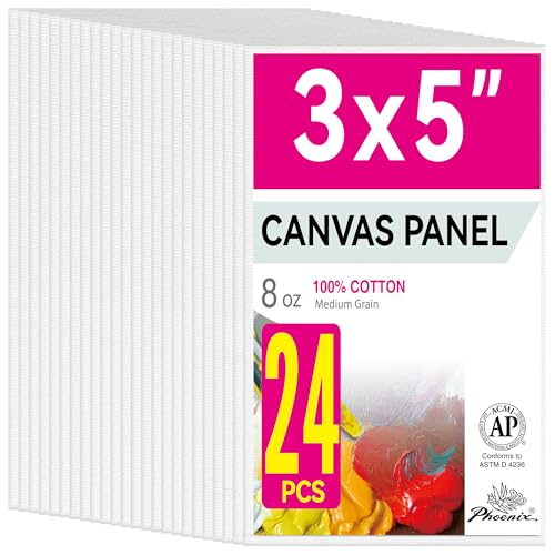 PHOENIX Small Painting Canvas Panels 3x5 Inch, 24 Bulk Pack - 8 Oz Triple Primed 100% Cotton Acid Free Canvas Boards for Painting, White Blank Flat Canvas Boards for Acrylic, Oil Paints - color: White - Bulk Pack, size: 3" x 5"