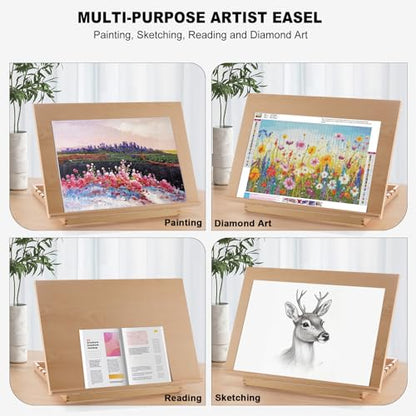 24.9"x17.3" Beechwood Tabletop Easel with Paint and Sketch Papers,Mask Tape | Extra Large Adjustable Art Easel Stand, Drawing Board for Painting, Sketching and Diamond Art - style: A2