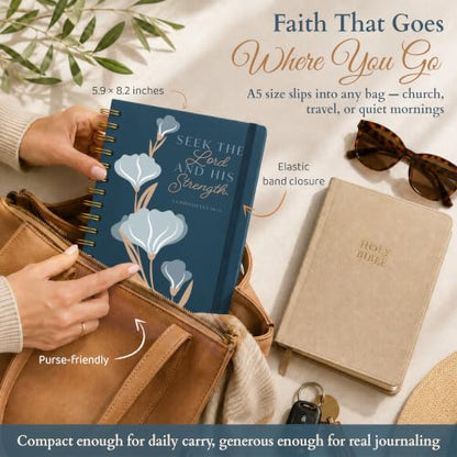 Hardcover Blank Christian Notebook – 140 Pages – Seek the Lord | Lined Pages with Bible Verse Cover – Inspirational Writing Spiral Notebook for Bible Study, 1 Chronicles 16:11 - color: Blue