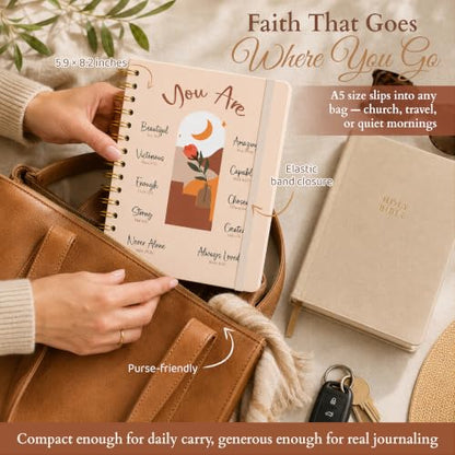 Hardcover Blank Christian Notebook – 140 Pages – You Are | Lined Pages with Bible Verse Cover – Inspirational Writing Spiral Notebook for Bible Study and Prayer - color: Beige