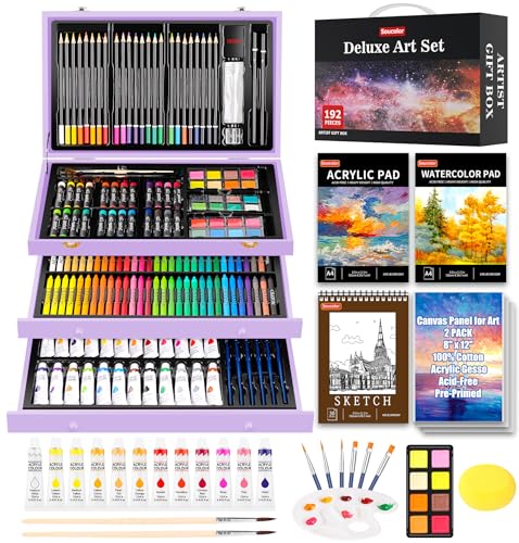 Soucolor Birthday Gifts, Art Supplies, 192-Pack Deluxe Art Set Drawing Painting Supplies Kit with Acrylic Pad, Watercolor Pad, Sketch Book, Canvases, Acrylic Paint, Crayons, Pencils - color: Purple