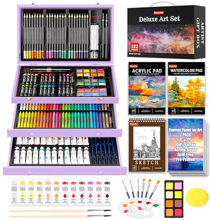 Soucolor Birthday Gifts, Art Supplies, 192-Pack Deluxe Art Set Drawing Painting Supplies Kit with Acrylic Pad, Watercolor Pad, Sketch Book, Canvases, Acrylic Paint, Crayons, Pencils - color: Purple