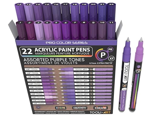 Acrylic Paint Pens 22 Purple Tones Assorted Pro Color Series Markers Set 0.7mm Extra Fine Tip for Rock Painting, Glass, Mugs, Wood, Metal, Canvas, Projects, Non Toxic, Waterbased, Quick Drying - color: PURPLE XF
