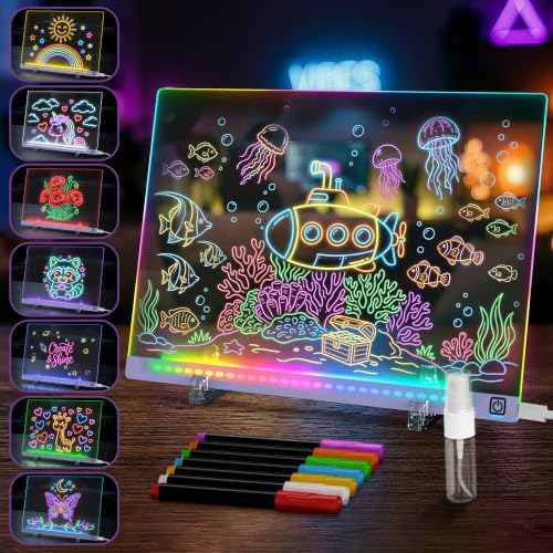 LED Drawing Board with USB-C Power – 16 Inch Acrylic Light Board for Tracing with Edge-Lit Color-Changing Glow, 7 LED Colors, 6 Light Modes – Plug-and-Play Kit with Markers, Stands, Gift Box (Blue) - color: Ocean Blue