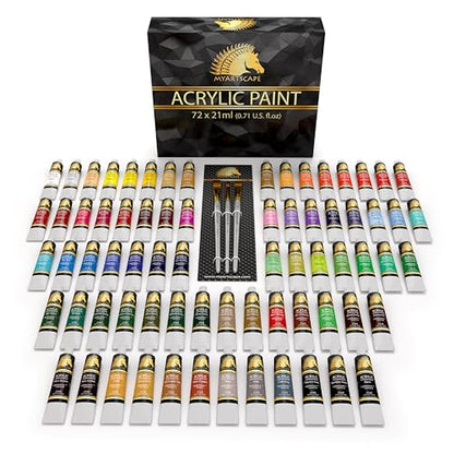 MyArtscape Heavy Body Acrylic Paint Set — 72 Colors x 21ml Artist Acrylic Paints with 3 Paint Brushes for Canvas, Wood, Fabric & Crafts | Rich Pigment Non-Toxic Professional Art Supplies for Adults & Beginners