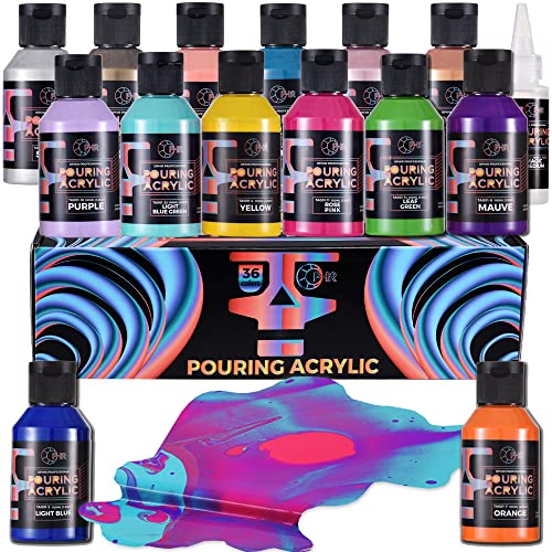 OPHIR 40 Bottles Complete Acrylic Pouring Set, 36 Colors Premixed Ready to Pour Paint with Silicone Cell Medium & Varnish for Canvas Wood Glass Crafts Stone Surfaces Fluid Art Supplies, 3.8 oz - color: Professional 36 Colors Set
