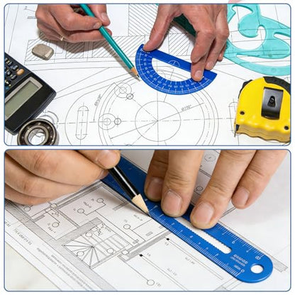 HARFINGTON 8pcs Triangular Ruler Set 15cm/6" Aluminum Alloy Straight Geometric Protractor Triangle Engineering Scale Drafting Ruler Kit Measuring Drawing Tool for Classroom Office Home, Blue - color: Blue
