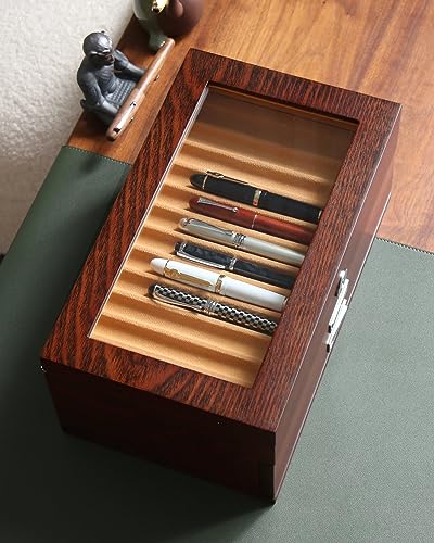 Pen Display Case with 36 Pen Slots, Fountain Pen Case, Wood Pen Storage Organizer, Pen Box Display for Men Gift, Pen Display Box with Glass Window(Brown ash Veneer Finish, Camel Velvet) - color: Brown 36 Slots, Camel Velvet