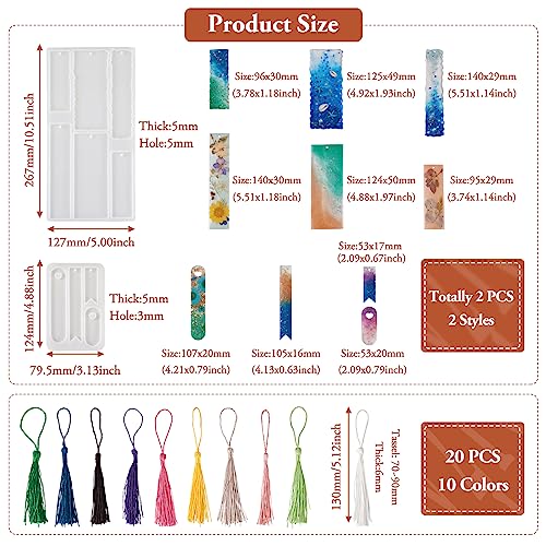 Craftdady 2Pcs Resin Bookmark Mold Rectangle Oval Flag Silicone Resin Molds with 20Pcs Bookmark Tassels 10 Colors for Epoxy Resin Casting - color: Transparent, Bookmarks