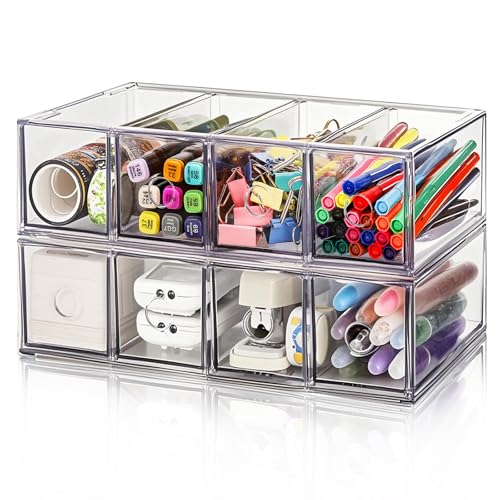 2 Pack Acrylic Storage Drawer Organizer, Dustproof Pen and Marker Storage Organizer for Desk, Clear Makeup Drawer Organizers with 8 Drawers for Art Crafts, Marker, Countertop