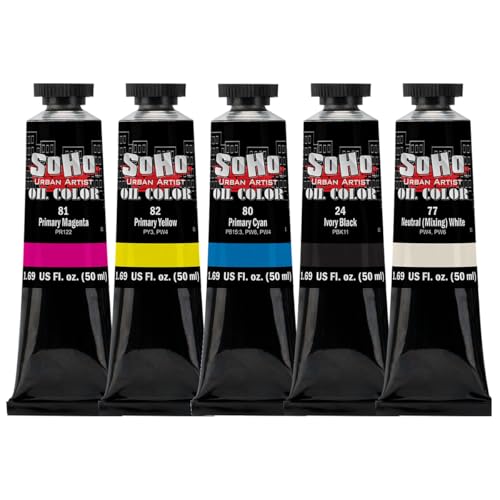 Soho Urban Artist Oil Paint Mixing Set of 5-170 mL Tubes, Triple-Milled Oils with Refined Linseed - Smooth Application, True Color Mixes, Ideal for Brushes & Palette Knives - color: Mixing, size: 1.69 Fl Oz (Pack of 5)