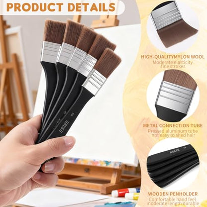 5Pcs Wide Flat Paint Brushes, Acrylic Craft Paint Brushes, Soft Assorted Sized Craft Brushes, Nylon Chip Brushes, Varnish Brush Art Paintbrush Sets for Oil Canvas Gesso
