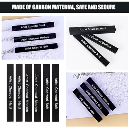 VILLCASE 6pcs Compressed Charcoal Sticks for Drawing, Soft and Medium Hard Carbon Rods, Artist Sketching Charcoal for Teens and Adults, Professional Drawing Media for Art Supplies
