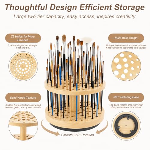 72 Hole 360° Rotating Hardwood Paint Brush Holder Organizer - color: Yellow（72 Holes）