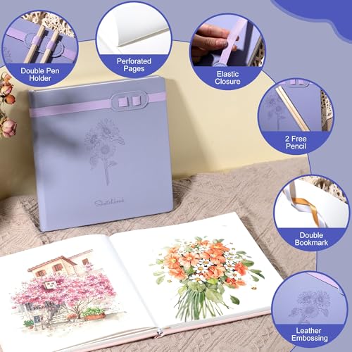 Yoment Hardcover Sketch Book, Sketchbook for Drawing with 2 Pencils, 150GSM Thick Paper, Square Art Sketch Book Drawing Paper Book 160 Pages Sketch Pad Journal for Women Adults,Gift Boxed,Purple - color: Purple