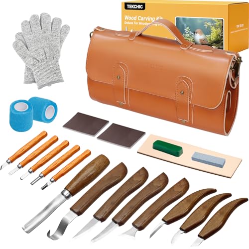 23PCS Wood Carving & Whittling Tool Kit | Hook & detail carving knives included, large leather storage bag, perfect whittling kit for beginners & adult craft lovers - color: walnut-colored