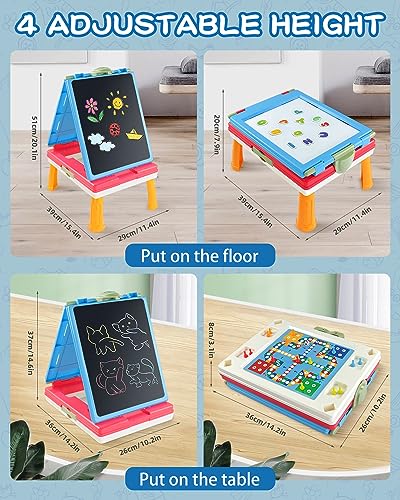 Elovien Easel for Kids, 4 in 1 Double Sided Toddler Art Easel with Chalkboard & Magnetic Whiteboard, Foldable Kids Tabletop Easel with Drawing & Writing Accessories - Gift for Boys and Girls (Blue) - color: Blue