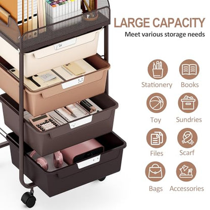 SYKIARIOL 4-Drawer Rolling Storage Cart with Mesh Top, Utility Craft Organizer Cart on Wheels with DIY Labels, Rolling Drawer Cart for Home Office Classroom Bedroom, Brown - color: Brown