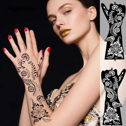 Large Henna Tattoo Stencil Kit - 10 Sheets, Reusable Adhesive Templates for Women and Girls, Indian Arabian Tattoo Stickers for Hand and Body Paint - Body Art Stencil Temporary Tattoos