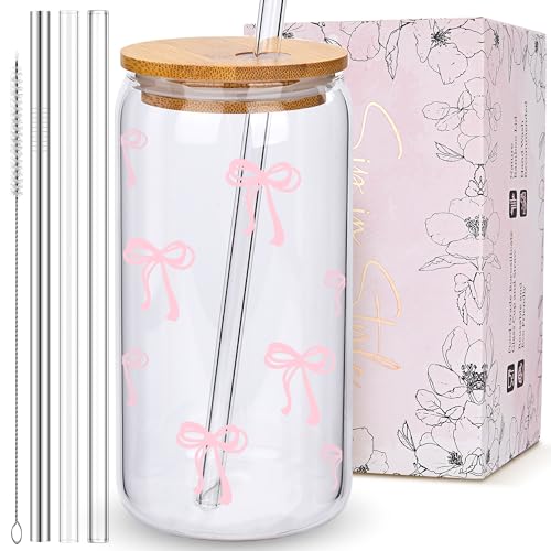 Coquette Cute Pink Bow Glass Cups with Lids and Straws, Aesthetic Iced Coffee Matcha Cup, Girly Preppy Design Tumbler Mug, Valentines Christmas Birthday Gifts for Women, Teen Girl Gifts Trendy Stuff - color: 01-Bow-Pink