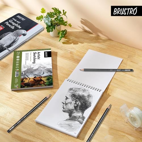 Brustro Sketching Wiro Pad,5x7 inches,160 GSM,30 Sheets with Graphite Pencil Set of 12 (10B–2H) Tin Box. Sketch and Drawing Gift - style: Graphite Pencil + 5x7 Sketchbook