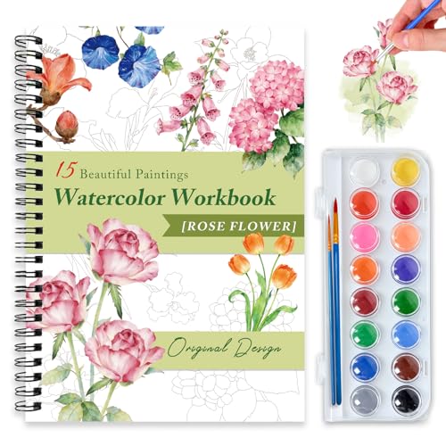 Watercolor Workbooks for Adults Beginners & Teens, 16 Colors 15 Beautiful Paintings, Pre-Outlined Designs, Easy Watercolor Art Book（Rose Flowers） - color: Rose Flowers, size: with palette