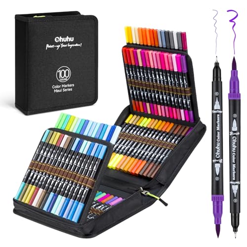 Ohuhu Markers for Adult Coloring Books: 100 Colors Brush Pens Dual Brush Fine Tip Drawing Pens Water-Based Coloring Markers for Calligraphy Bullet Journal with Carrying Case - Maui - Black - color: Black Pen, size: 1 Count (Pack of 100)