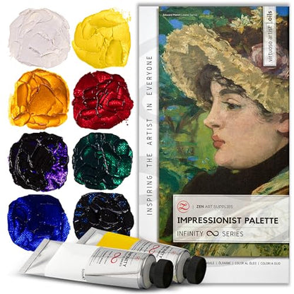 Impressionist Palette by ZenART - Luminous, Vibrant Professional Oil Paint Set - 8 x Large 1.7 Fl Oz (50ml) Tubes - Non-Toxic, Highly Pigmented, Creamy, Lightfast Oil Paints for Eco-Conscious Artists - color: Impressionist Palette (Masters Inspired) – 8 ×