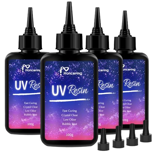 Honcaring UV Resin 400g, Hard Type Clear Beginner-Friendly Kit, Upgraded Formula & Crystal Clear for Jewlery Making, 100g*4 Resin UV Kit with for Earring, Pendant, DIY - size: 400g without uv light