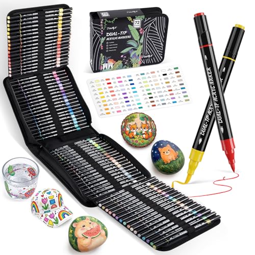 JusArt 72 Colors Acrylic Paint Markers Set with Canvas Bag, Dual Tips with Brush Tip & Fine Tip, No-Bleed, Waterproof, Non-Toxic & Odorless Adult Paint Pens for Rock, Egg, Wood, fabric, Glass, DIY - color: Canvas Bag - 72 Colors