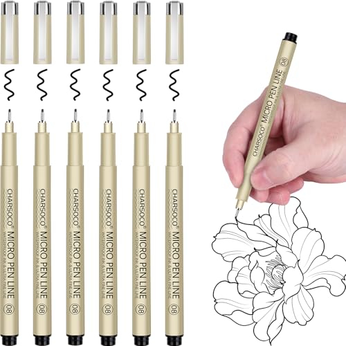 08 Micro Pen, 6 Pack Black Fine Point Pen with Waterproof Archival Ink, 0.52mm Fineliner Ink Pens for Artist Illustration, Sketching, Anime, Manga, Technical Drawing and Scrapbooking - color: Black, style: 【08】
