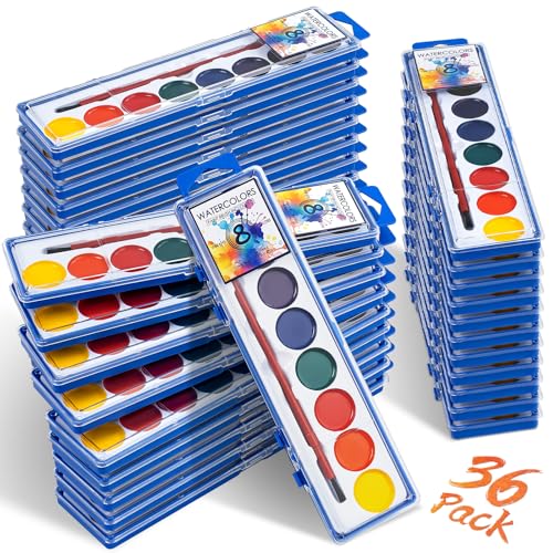 36 Pack Watercolor Paint Set, Washable Watercolor Paint Bulk for Kids, Water Color Paint with Paint Brushes, Ideal Gifts for Party Favors, School Supplies & Classroom Prizes, Art Activities, 8 Colors