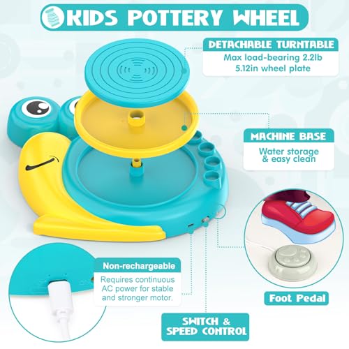Aujazyble Pottery Wheel for Kids - Complete Art Supplies Arts & Crafts Kit, Crafts for Girls 8-12, Girls Boy Toys Birthday Halloween Christmas Gift for Kids Ages 6 7 8 9 10 11 12+, (Snail) - color: Blue