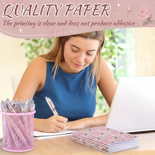 Motiskyy 24 Pcs Vintage Rose Pink Floral Pens Flower Ballpoint Pens Flower Notepads Set Design Line Notebook Employee Gifts Set for Student School Office Supplies, Back to School Gift - style: Pink