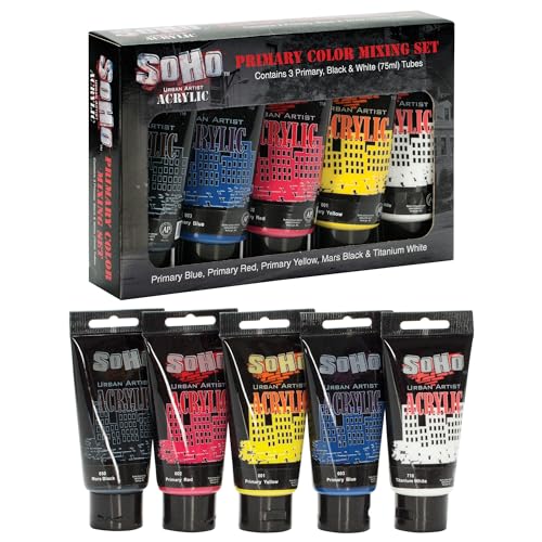Soho Urban Artist Heavy Body Acrylic Paint - Set of 5-75mL - Assorted - Thick, Rich Color, Excellent Coverage, Professional Quality - Artists Acrylic Paint - color: Assorted, size: 0.51 Fl Oz (Pack of 5)