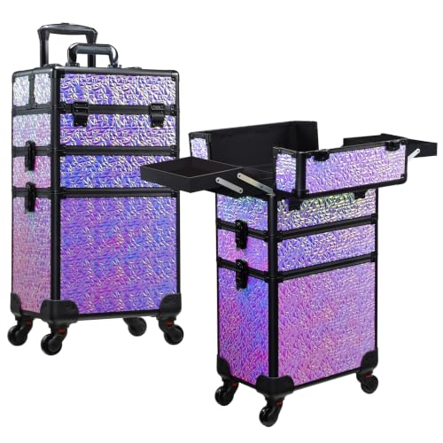 FRENESSA 3 in 1 Rolling Makeup Train Case Professional Cosmetic Trolley Large Storage with Keys Swivel Wheels Salon Barber Case Traveling Cart Trunk for Make Up Hairstylists Nail Tech, Shiny Purple - color: Shiny Purple